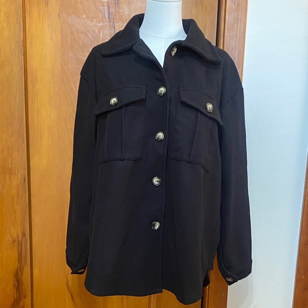 Shinestar Black Shacket Shirt Jacket Brown Button Accents Collar Long Sleeve